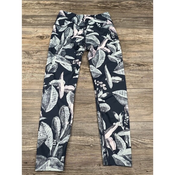 Apana Cropped Leggings Blue Green Leaf Print Capri's Sz Small Gym Athleisure - Picture 3 of 9